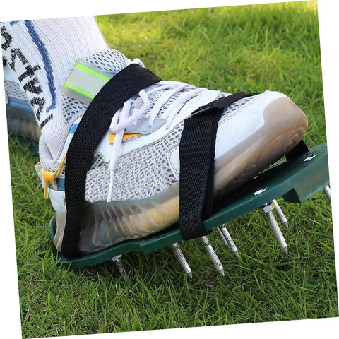 Adjustable Lawn Aerator Shoes Straps, Spiked Sandals For Soil Aeration, displayed on a sneaker with heavy-duty spikes