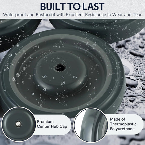 Close-up of 5 Inch Shopping Cart Replacement Wheels Kit 8 Pack with Polyurethane Tread, showing waterproof and rustproof features.