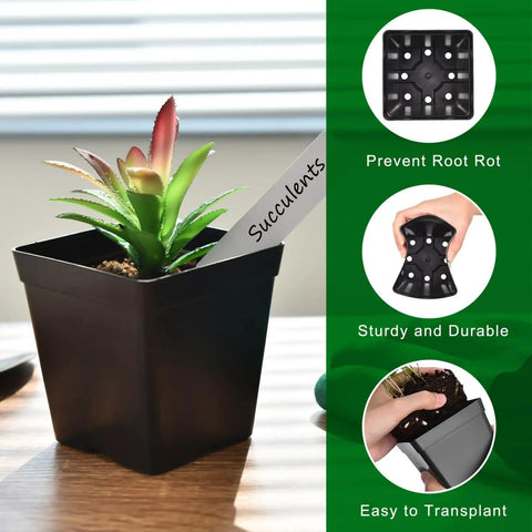 60 Count Square Nursery Pots 3.3 Inch With Drain Holes Seed Starter Tray Kit Includes 5 Trays And 60 Plant Labels In Black