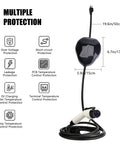 Portable Level One EV Charger With Twenty Five Foot Cord And 110 Volt Nema Socket For Hassle Free Home Charging Station showing safety features and dimensions.