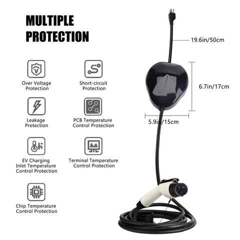 Portable Level One EV Charger With Twenty Five Foot Cord And 110 Volt Nema Socket For Hassle Free Home Charging Station showing safety features and dimensions.
