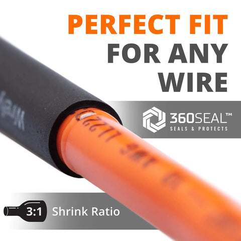 Heat Shrink Tubing Kit With Adhesive Lined Dual Wall Marine Grade Tubing 3 To 1 Shrink Ratio In Black And White 130 Pieces Waterproof Seal For Wiring Harnesses Automotive Marine And DIY Projects showing perfect fit for any wire with 3:1 shrink ratio