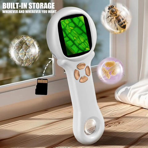 USB Rechargeable Handheld Microscope With 500x Magnification showing detailed leaf texture on screen, ideal for children.