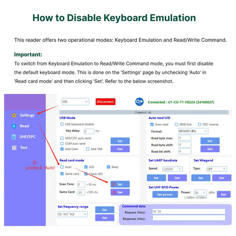 Instructional screenshot for disabling keyboard emulation on UHF RFID Reader And Writer With Up To 50 Cm Read Range And Keyboard Emulation.