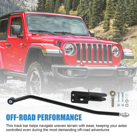 Beefed-Up Front Adjustable Track Bar For 4-6.5 Inch Lift Cherokee XJ 1984-2001 - Heavy Duty Forged Steel, Factory Style Bushing, Easy Adjust, Improves Alignment And Reduces Suspension Stress For 2WD And 4WD Jeep XJ, shown with Jeep and hardware