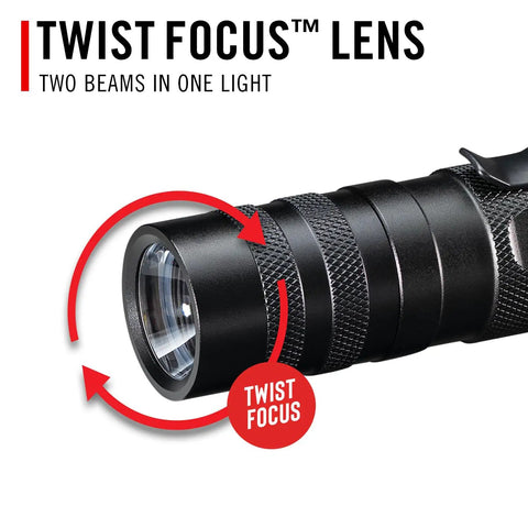 Close-up of PX1 565 Lumen Pure Beam Focusing LED Flashlight with Twist Focus lens and pocket clip, highlighting compact design.