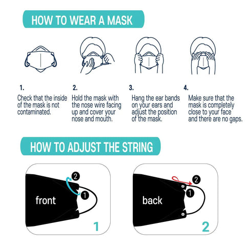 Instructions on wearing and adjusting the 30 Pack Black Face Mask 4 Layer Safety With Electrostatic Filtration Patented Adjustable Earloop Lipstick Safe Breathe Easy 3D Ergonomic Design Individually Sealed Made In Korea.