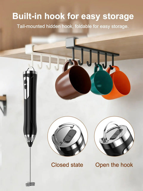 Boss Level Rechargeable Handheld Milk Frother Wand With IP67 Waterproof Build 3 Speed Settings hanging on hook under shelf