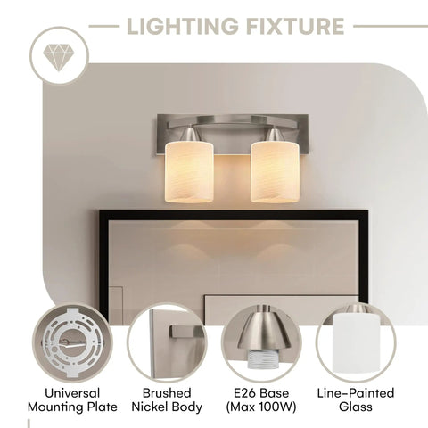 Sleek Oil Rubbed Bronze Vanity Light With Modern Milk Glass Shades For Over Mirror Or Wall Mount E26 Base 100W LED Equivalent Bulbs Not Included Bathroom Fixture For A Fresh Bath Vibe shown with universal mounting plate and brushed nickel body.