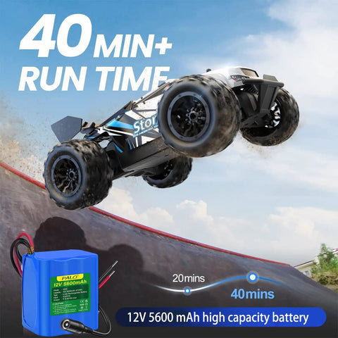 RC car powered by 5600mAh 12V Lithium Battery Pack with Charger and Bare Leads, performing jump with 40 min runtime.