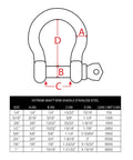 Bow Shackle Three Quarter Inch Stainless Steel Marine Grade 316 dimensions chart showing sizes and load limits up to 5500 lbs