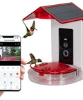 Killer 2 In 1 Hummingbird Feeder With Solar Smart Camera And AI Species Tracking For Backyard Watching handheld view with hummingbirds.