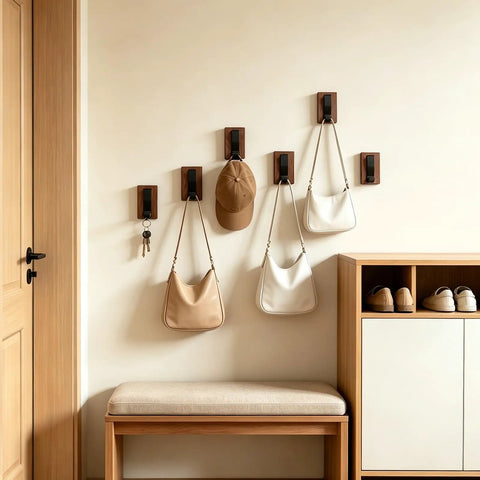 Heavy Duty Eight Piece Walnut Wood Wall Hooks Featuring Thickened Aluminum Support With Upward Non Slip Bend coat rack for hats and bags.