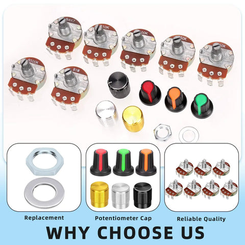 57 Piece WH138 Rotary Potentiometer Kit With B5K Through B1M Ohm Options, Knurled 3-Pin Linear Potentiometers, knobs, nuts, gaskets