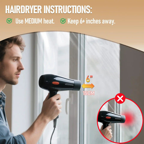 Using a hairdryer to seal Easy DIY Window Insulation Kit For Winter With Plastic Shrink Film And Strong Tape That Blocks Drafts