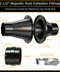 Premium Magnetic Dust Collection Kit For 2 Inch To 2-1/2 Inch Hose Conversion fitting dimensions guide with multiple sizes and connectors.