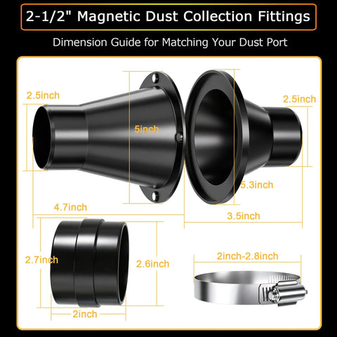 Premium Magnetic Dust Collection Kit For 2 Inch To 2-1/2 Inch Hose Conversion fitting dimensions guide with multiple sizes and connectors.