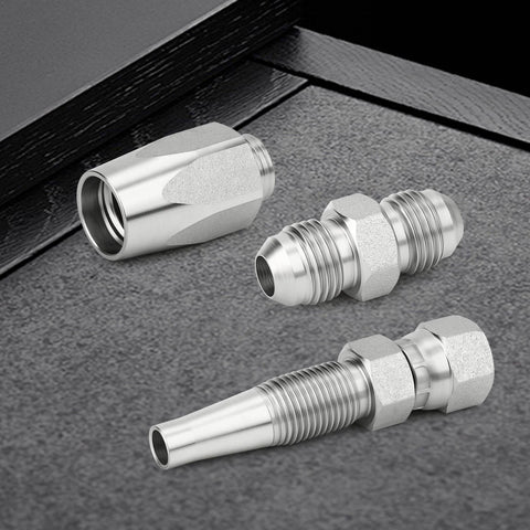 Two-Piece Hydraulic Hose Repair Kit With Three Eighths Inch Reusable Fittings For Two-Wire Braided Hoses Up To 4000 PSI displayed on surface