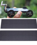 Two Pack Quick Charging 1W 5V Solar Panels for Small DIY Projects, monocrystalline silicon, paired with mini motorized car.