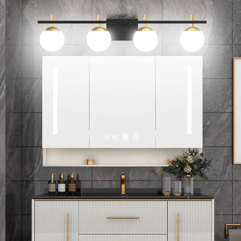 Mid Century Modern 4 Light Vanity Light Fixture for Bathroom Over Mirror Milky Glass Bath Bar in Black and Gold Finish