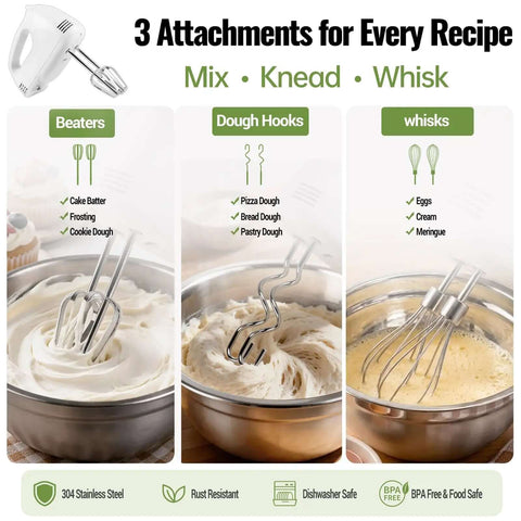Absolute Game Changer 5 Speed Electric Hand Mixer With Four Stainless Steel Mixing Bowls And Attachments Complete Baking Bundle Includes Measuring Cups And Spoons For No Sweat Cake Making At Home Always, showing beaters, dough hooks, and whisks for mixing.