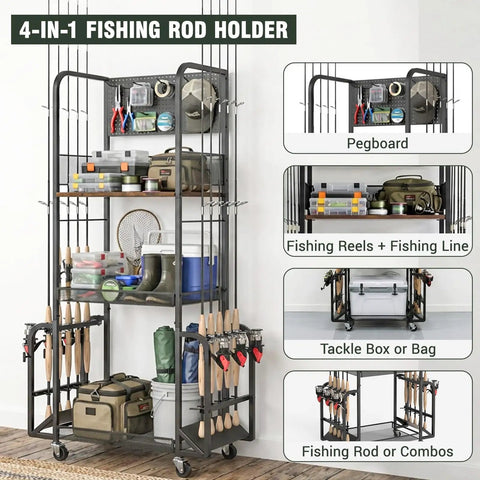 Garage Fishing Rod Storage Rack With Pegboard Hooks Three Tier Anti Drop Design Up To Ten Rods Lockable Wheels No Fuss Heavy Duty Tackle Gear Organizer Ideal For Tackle Storage And Organization Of Baits Reels And Accessories