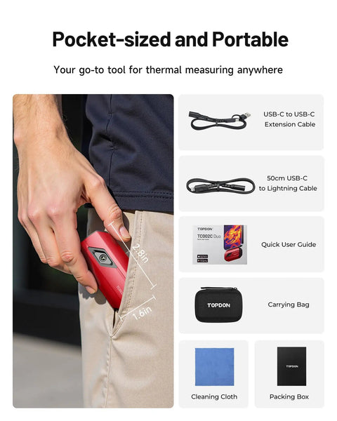 Pocket-sized TC002C Duo Thermal Camera With USB-C For iPhone iPad And Android Devices, includes cables and accessories.
