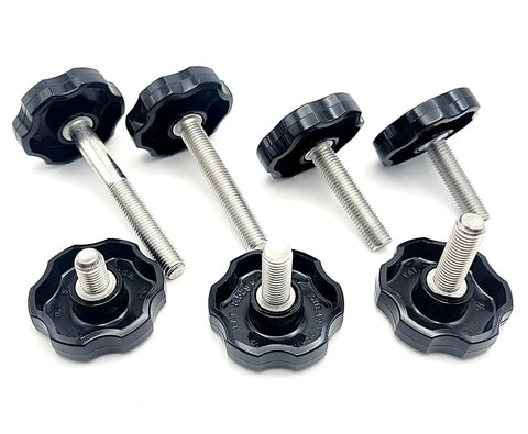 Top Shelf 516 24 Fine Thread Thumb Screw Bolts with black plastic knobs and stainless steel shafts for easy adjustment.