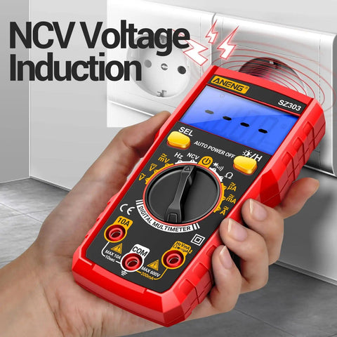 Red All In One Digital Multimeter Tester for Home Auto and DIY Projects measuring NCV against a wall outlet.