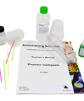 Epic Elephant Toothpaste Chemistry Kit For Kids with bottles, straws, and instruction manual on white background.