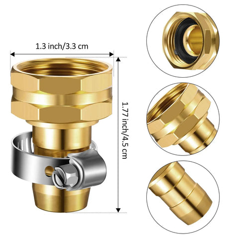 Close-up of 3 Piece Aluminum Female Thread Shank Hose Menders Kit with aluminum clamps and copper fittings for garden hoses.
