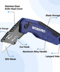 WorkPRO folding utility knife with blue aluminum handle, quick-change blade, blade storage, includes 13 extra blades
