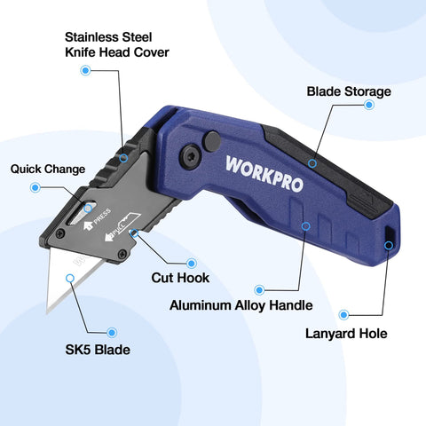 WorkPRO folding utility knife with blue aluminum handle, quick-change blade, blade storage, includes 13 extra blades