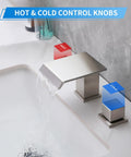 3-Hole 8 Inch Widespread Brushed Nickel Bathroom Faucet With Waterfall Spout and 2-Handle Control Knobs on Vanity Sink