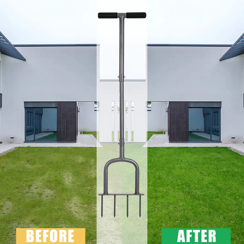 Go-To Manual Lawn Aerator For Compacted Soil Aeration With Height Adjustable Handle and lawn before and after use