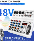 6 Channel Audio Mixer For PC With Bluetooth USB Recording, Portable Sound Mixing Console, 48V Phantom Power, and 99 DSP Effects.