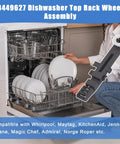 Dishwasher Upper Dishrack Adjuster And Wheel Assembly WPW10571738 4 Pack Replacement in use, loaded with dishes