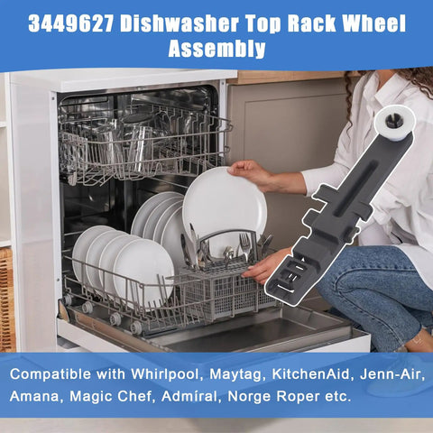 Dishwasher Upper Dishrack Adjuster And Wheel Assembly WPW10571738 4 Pack Replacement in use, loaded with dishes