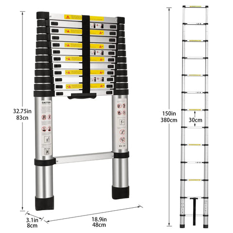 Foldable Telescoping Ladder for Home and Outdoors, EN131 Compliant Aluminum Extension Ladder, 12.5 Feet Reach, compact fold