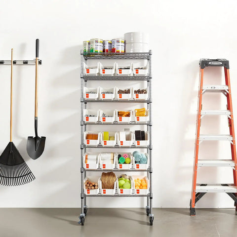 7 Tier Rolling Bin Storage Rack With 24 Small Bins Mobile Steel Wire Shelving System On Wheels for organized storage