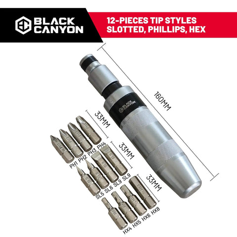 Heavy Duty Impact Screwdriver Set With 12 S2 Steel Bits, reversible hand impact driver showing slotted, Phillips, hex tips