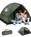 2 To 3 Person Camping Tent With Rainfly Waterproof And Windproof Dome Shelter, couple sitting inside, dog, forest green color.