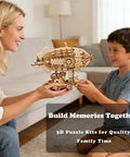 Mother and child assembling Steampunk Airship 3D Wooden Puzzle Kit With 169 Pieces For Teens And Adults A Dope STEM Brain Teaser And DIY Craft Buildable Model For Display Measuring 7.7 By 5.3 By 6.5 Inches on floor