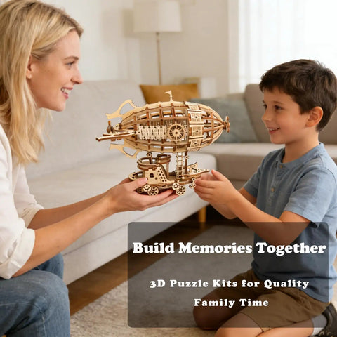 Mother and child assembling Steampunk Airship 3D Wooden Puzzle Kit With 169 Pieces For Teens And Adults A Dope STEM Brain Teaser And DIY Craft Buildable Model For Display Measuring 7.7 By 5.3 By 6.5 Inches on floor