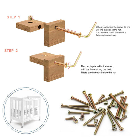 Image showing All In One Crib Hardware Replacement Kit With 25 M6x40mm 50mm 60mm 70mm 80mm Socket Cap Screws And Barrel Nuts Galvanized Steel installation guide.