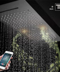Top Shelf Ceiling Mount Digital Shower Kit With Brushed Gold Finish And Led Panel featuring rain shower function and Bluetooth control.