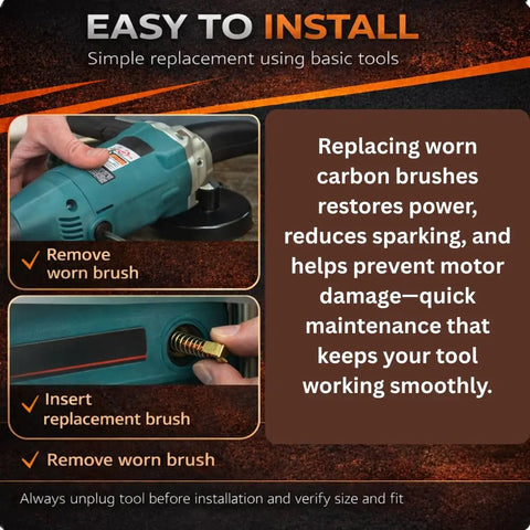 Easy installation of Carbon Brush Replacement Kit 0.6 x 0.27 x 0.7 Inches for Makita Angle Grinder GA7021 shown with steps.