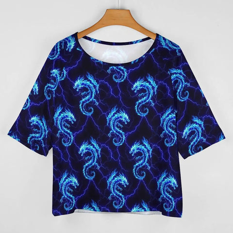 Casual Boat Neck Womens Tee With Short Sleeves In Lightweight Stretchy Poly Spandex Blend Blue Lightning Dragon Print