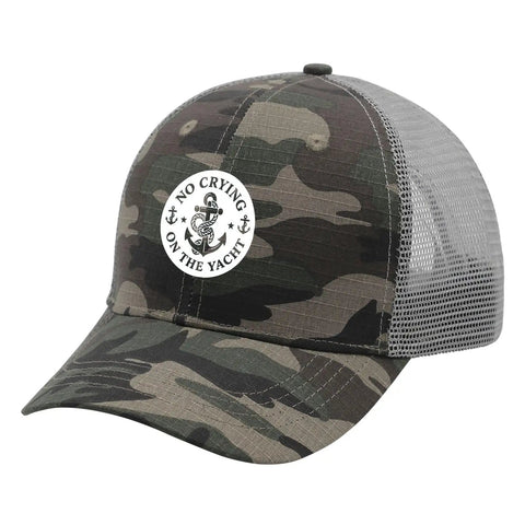 No Crying On The Yacht Women's Breathable Outdoor Trucker Hat With Adjustable Strap featuring camo print and mesh back