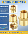 Three Pack Brass Pipe Fittings 3/8 Inch Female NPT To 1/4 Inch Female NPT Brass Coupling Hex Head Connector details